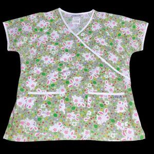 UA Green Easter Bunny Rabbit Floral Spring Scrub Top Shirt Large Nurse Vet Tech